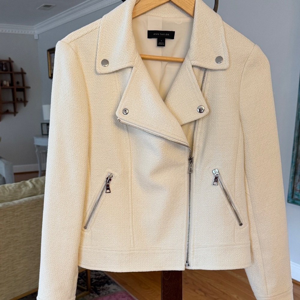 Ann Taylor Ivory Textured Moto Jacket
